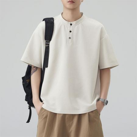 BY20295# 夏季新款亨利领半纽扣短袖T恤男曼巴棉宽松百搭帅气t恤 服裝批發男裝批發服飾貨源