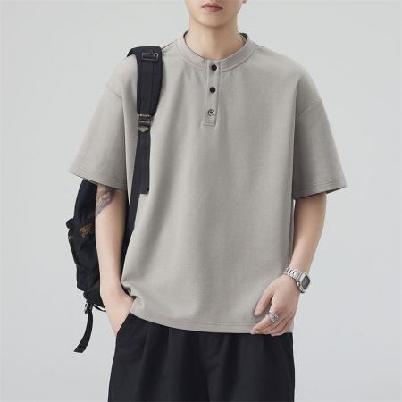 BY20295# 夏季新款亨利领半纽扣短袖T恤男曼巴棉宽松百搭帅气t恤 服裝批發男裝批發服飾貨源