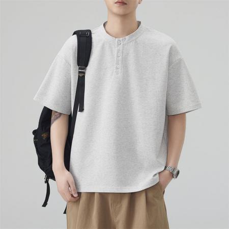 BY20295# 夏季新款亨利领半纽扣短袖T恤男曼巴棉宽松百搭帅气t恤 服裝批發男裝批發服飾貨源