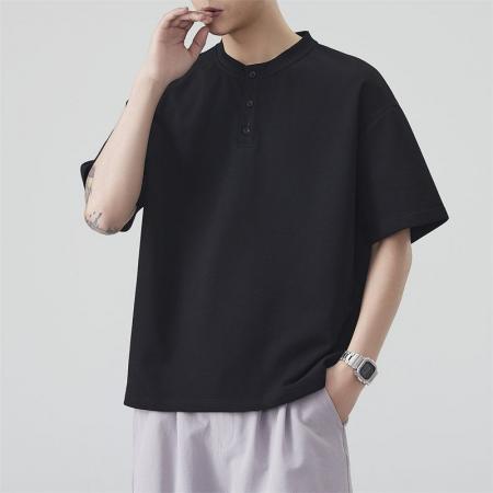 BY20295# 夏季新款亨利领半纽扣短袖T恤男曼巴棉宽松百搭帅气t恤 服裝批發男裝批發服飾貨源
