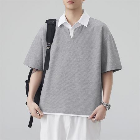 BY20296# 夏季新款短袖Polo衫男华夫格假两件翻领短袖衬衫领重磅宽松t恤 服裝批發男裝批發服飾貨源