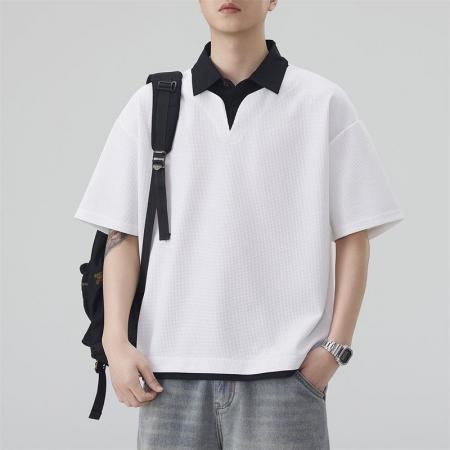 BY20296# 夏季新款短袖Polo衫男华夫格假两件翻领短袖衬衫领重磅宽松t恤 服裝批發男裝批發服飾貨源