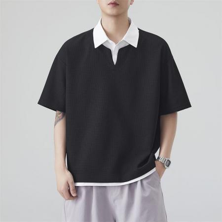BY20296# 夏季新款短袖Polo衫男华夫格假两件翻领短袖衬衫领重磅宽松t恤 服裝批發男裝批發服飾貨源