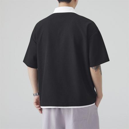 BY20296# 夏季新款短袖Polo衫男华夫格假两件翻领短袖衬衫领重磅宽松t恤 服裝批發男裝批發服飾貨源