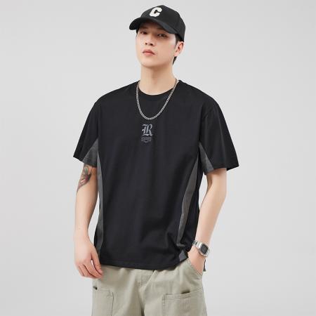 BY20303# 夏季潮牌拼接短袖t恤男宽松百搭撞色潮流刺绣男士冰感T恤上衣 服裝批發男裝批發服飾貨源