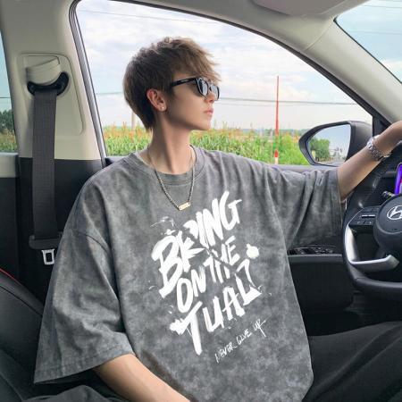 BY20326# 美式印花扎染短袖t恤男潮流复古宽松圆领五分半袖青少年潮牌上衣 服裝批發男裝批發服飾貨源