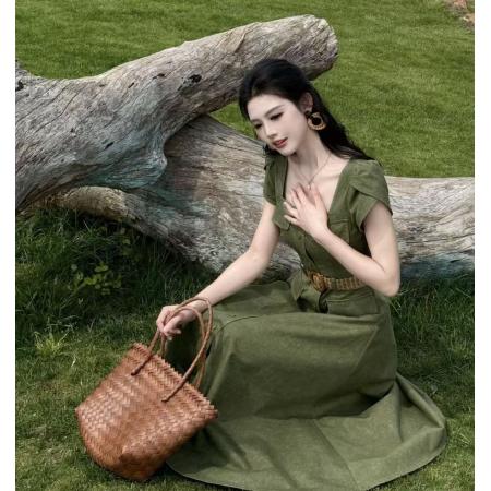 BY20342# 冷萃盛夏复古绿色仿牛仔连衣裙女夏收腰气质a字长裙  服裝批發女裝批發服飾貨源