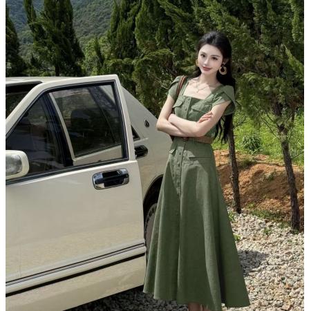 BY20342# 冷萃盛夏复古绿色仿牛仔连衣裙女夏收腰气质a字长裙  服裝批發女裝批發服飾貨源