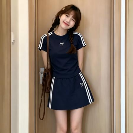 裙子有内衬纯棉高弹绣花三条杆运动套装女短袖T恤夏  服裝批發女裝批發服飾貨源
