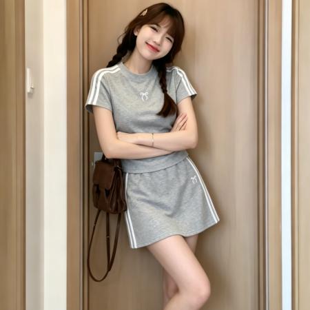 裙子有内衬纯棉高弹绣花三条杆运动套装女短袖T恤夏  服裝批發女裝批發服飾貨源
