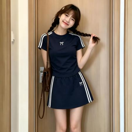 裙子有内衬纯棉高弹绣花三条杆运动套装女短袖T恤夏  服裝批發女裝批發服飾貨源