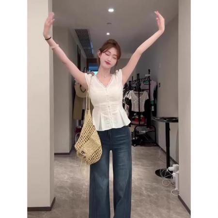 BY20346# 茶歇法式蕾丝花边v领短袖衬衫女夏季新款设计感绑带收腰上衣  服裝批發女裝批發服飾貨源
