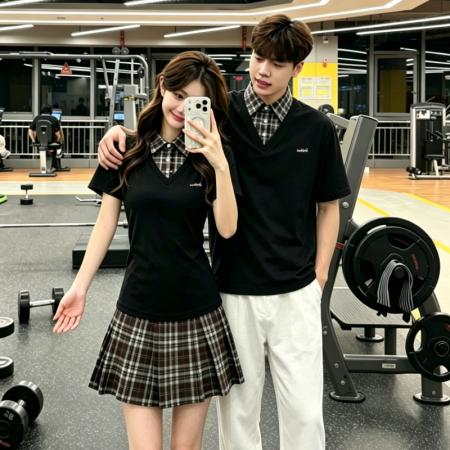 情侣装学院风假两件收腰显瘦百褶连衣裙小众设计POLO领  服裝批發女裝批發服飾貨源