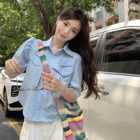 BY20355# 甜美蝴蝶结短款上衣女夏季新款法式别致温柔Polo领泡泡袖上衣  服裝批發女裝批發服飾貨源
