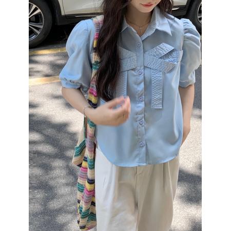 BY20355# 甜美蝴蝶结短款上衣女夏季新款法式别致温柔Polo领泡泡袖上衣  服裝批發女裝批發服飾貨源