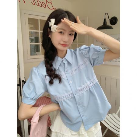 法式小众花边拼接蓝色上衣女夏季小清新甜美别致短袖衬衫  服裝批發女裝批發服飾貨源