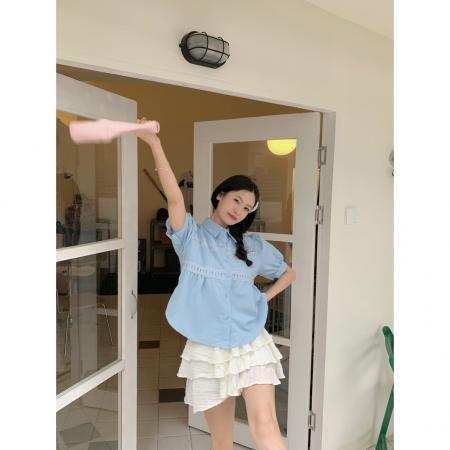 BY20356# 法式小众花边拼接蓝色上衣女夏季小清新甜美别致短袖衬衫  服裝批發女裝批發服飾貨源