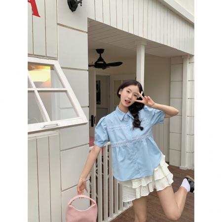 BY20356# 法式小众花边拼接蓝色上衣女夏季小清新甜美别致短袖衬衫  服裝批發女裝批發服飾貨源