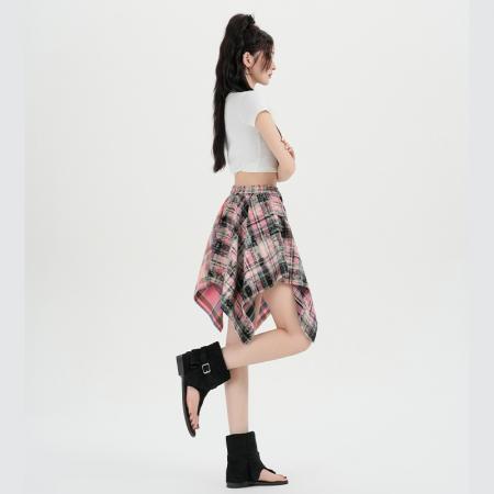 BY20365# 不规则撞色拼接格子半身裙女夏季显瘦百搭小众a字短裙子  服裝批發女裝批發服飾貨源