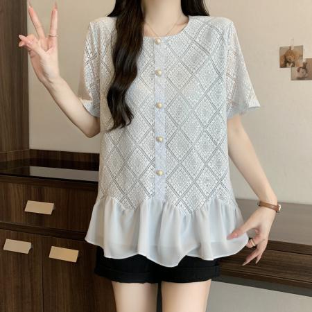 BY20366# 大码女装夏季宽松气质时尚百搭拼接下摆不规则设计感上衣  服裝批發女裝批發服飾貨源