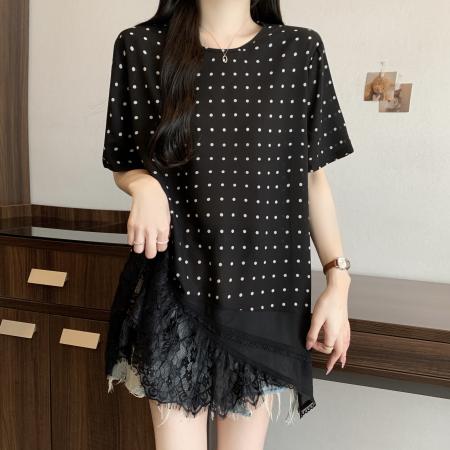 BY20368# 大码休闲波点短袖衬衫女夏季遮肚显瘦减龄百搭洋气小衫  服裝批發女裝批發服飾貨源