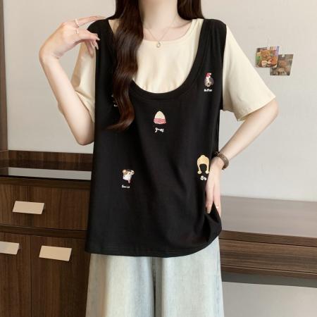 大码女装撞色假两件圆领针织上衣胖mm夏季卡通减龄t恤  服裝批發女裝批發服飾貨源