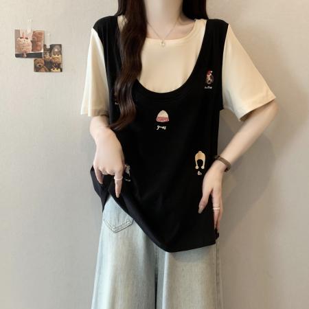 大码女装撞色假两件圆领针织上衣胖mm夏季卡通减龄t恤  服裝批發女裝批發服飾貨源