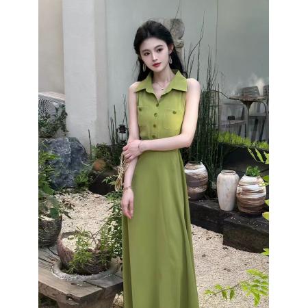 BY20378# 夏天巨好看的掐腰无袖衬衫领法式绿色连衣裙  服裝批發女裝批發服飾貨源