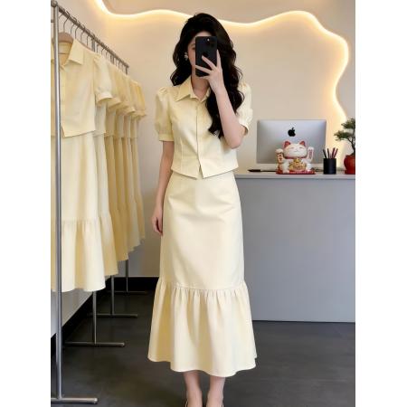 气质杏色上衣半身裙子两件套女夏季小个子高级感超好看一整套  服裝批發女裝批發服飾貨源