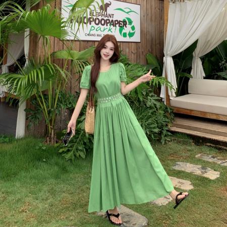 BY20381# 新款大码女装夏装绿色修身短袖法式连衣裙  服裝批發女裝批發服飾貨源