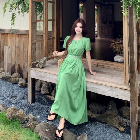 BY20381# 新款大码女装夏装绿色修身短袖法式连衣裙  服裝批發女裝批發服飾貨源