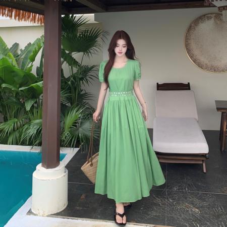 BY20381# 新款大码女装夏装绿色修身短袖法式连衣裙  服裝批發女裝批發服飾貨源