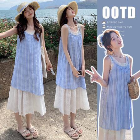 BY20383# 新款大码女装夏装假两件蕾丝拼接蓝色无袖格子连衣裙  服裝批發女裝批發服飾貨源