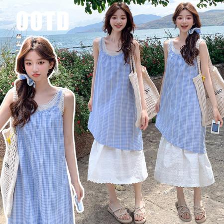 BY20383# 新款大码女装夏装假两件蕾丝拼接蓝色无袖格子连衣裙  服裝批發女裝批發服飾貨源