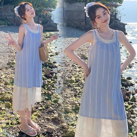 BY20383# 新款大码女装夏装假两件蕾丝拼接蓝色无袖格子连衣裙  服裝批發女裝批發服飾貨源
