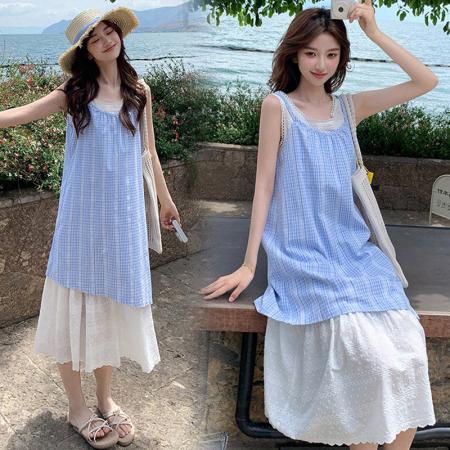 BY20383# 新款大码女装夏装假两件蕾丝拼接蓝色无袖格子连衣裙  服裝批發女裝批發服飾貨源
