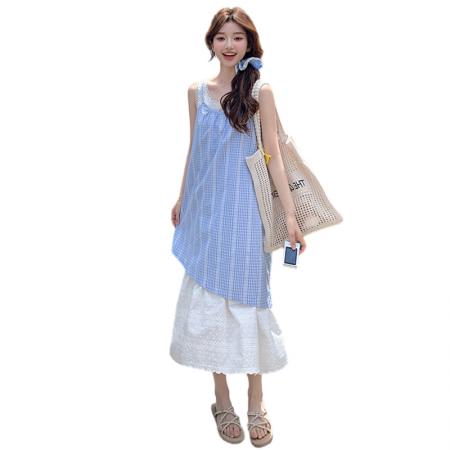BY20383# 新款大码女装夏装假两件蕾丝拼接蓝色无袖格子连衣裙  服裝批發女裝批發服飾貨源