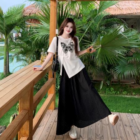 新款大码女装夏装蝴蝶结白上衣+黑色半身裙套装  服裝批發女裝批發服飾貨源