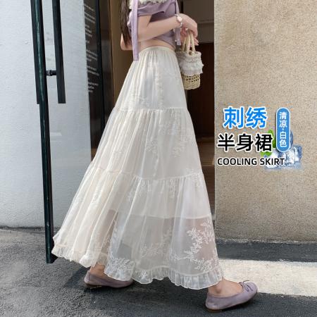 BY20390# 新款蕾丝刺绣半身裙女夏季新款设计感高腰百褶大摆a字中长裙  服裝批發女裝批發服飾貨源