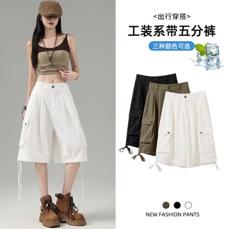 BY20391# 夏季新款韩版复古气质百搭宽松系带直筒工装短裤五分裤女  服裝批發女裝批發服飾貨源