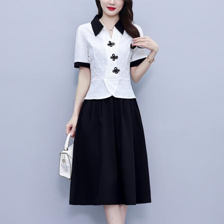 BY20393# 大码女装洋气盘扣气质短袖上衣时尚减龄半身裙套装  服裝批發女裝批發服飾貨源