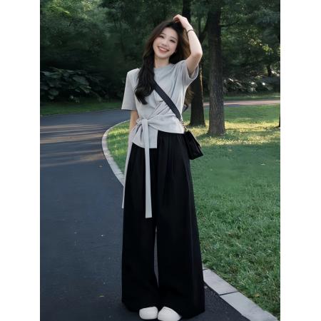 韩系巨好看穿搭一整套夏季新款灰色短袖t恤女阔腿裤两件套装  服裝批發女裝批發服飾貨源