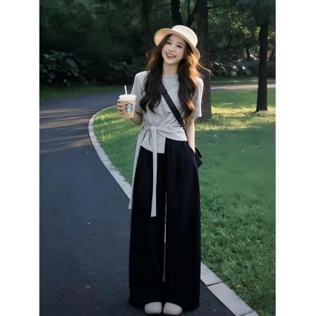 韩系巨好看穿搭一整套夏季新款灰色短袖t恤女阔腿裤两件套装  服裝批發女裝批發服飾貨源