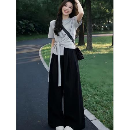 韩系巨好看穿搭一整套夏季新款灰色短袖t恤女阔腿裤两件套装  服裝批發女裝批發服飾貨源