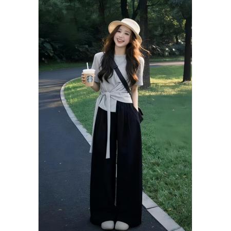 韩系巨好看穿搭一整套夏季新款灰色短袖t恤女阔腿裤两件套装  服裝批發女裝批發服飾貨源
