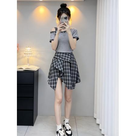 独特漂亮绝美一整套女夏季超火减龄短袖上衣不规则半身裙套装  服裝批發女裝批發服飾貨源
