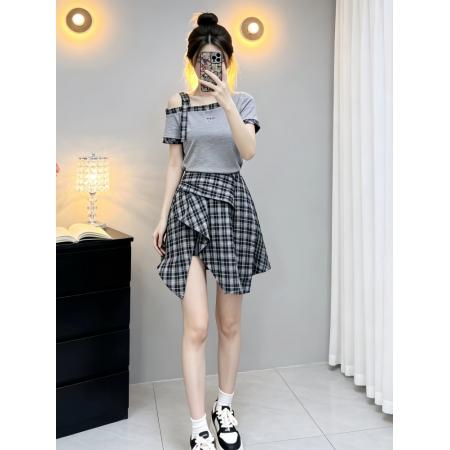 独特漂亮绝美一整套女夏季超火减龄短袖上衣不规则半身裙套装  服裝批發女裝批發服飾貨源