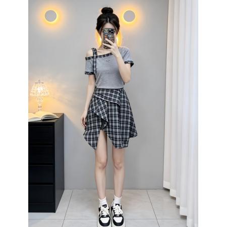独特漂亮绝美一整套女夏季超火减龄短袖上衣不规则半身裙套装  服裝批發女裝批發服飾貨源