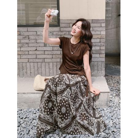 轻熟风美拉德咖色T恤印花半身裙套装女夏季复古温柔风两件套  服裝批發女裝批發服飾貨源