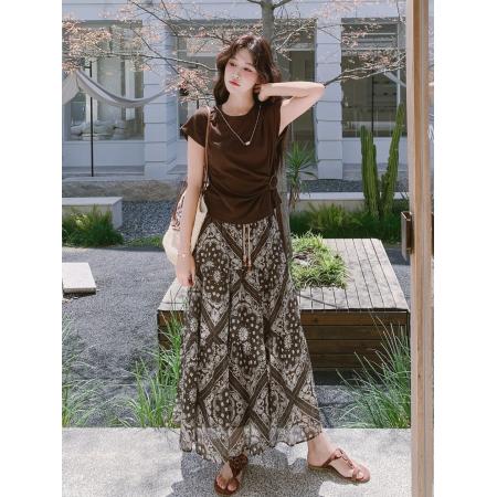 轻熟风美拉德咖色T恤印花半身裙套装女夏季复古温柔风两件套  服裝批發女裝批發服飾貨源